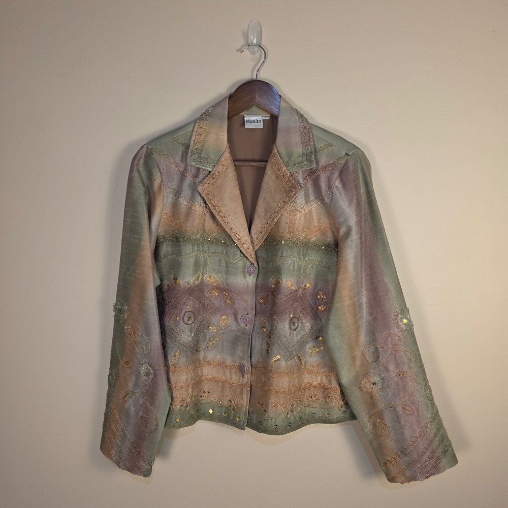 Mohito Womens Embroidered Beaded Blazer‎ Jacket Earth Tones Boho Size L